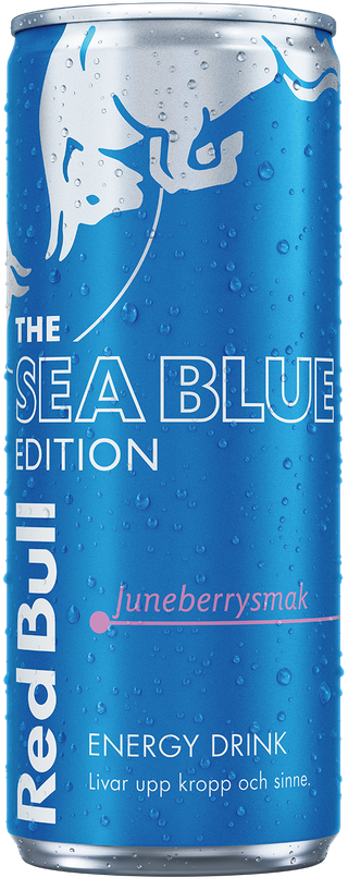 A full chilled can of Red Bull Sea Blue Edition