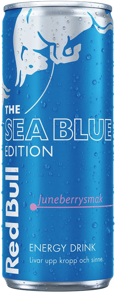 A full chilled can of Red Bull Sea Blue Edition