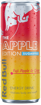 A full chilled can of Red Bull Apple Edition Sugarfree