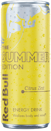 A full chilled can of Red Bull Summer Edition