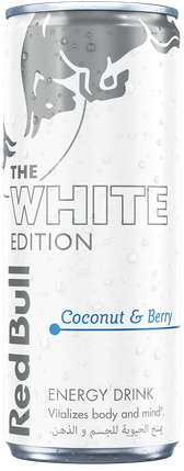 A full chilled can of Red Bull White Edition