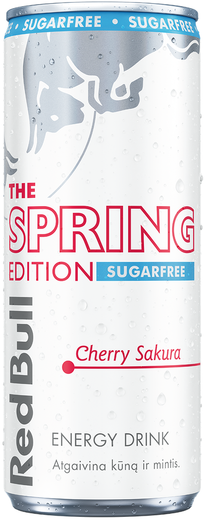 A full chilled can of Red Bull Spring Edition Sugarfree