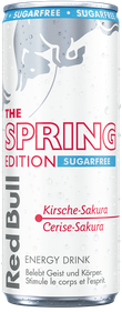A full chilled can of Red Bull Spring Edition Sugarfree