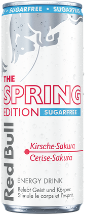 A full chilled can of Red Bull Spring Edition Sugarfree