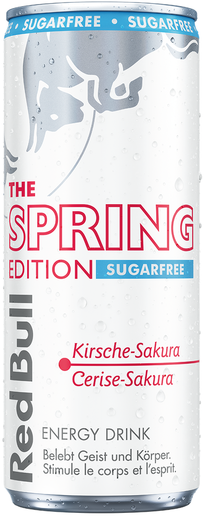 A full chilled can of Red Bull Spring Edition Sugarfree