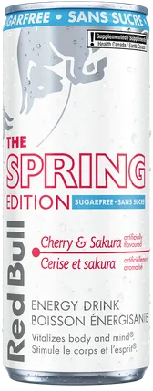 A full chilled can of Red Bull Spring Edition Sugarfree