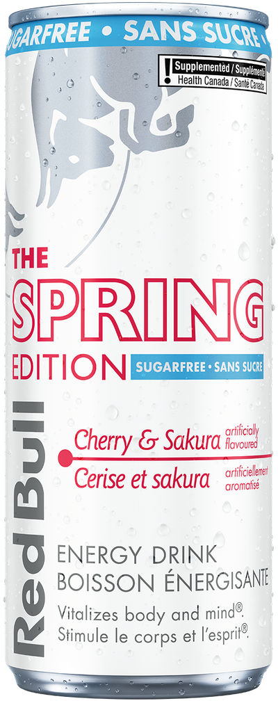 A full chilled can of Red Bull Spring Edition Sugarfree