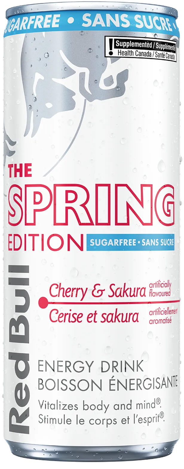A full chilled can of Red Bull Spring Edition Sugarfree