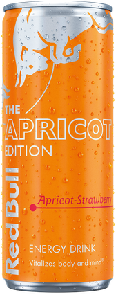 A full chilled can of Red Bull Apricot Edition