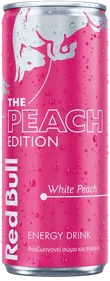 A full chilled can of Red Bull Peach Edition