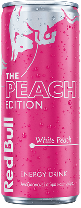 A full chilled can of Red Bull Peach Edition