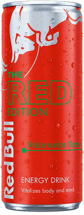 A full chilled can of Red Bull Red Edition