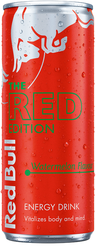 A full chilled can of Red Bull Red Edition