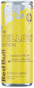 A full chilled can of Red Bull Yellow Edition