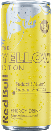 A full chilled can of Red Bull Yellow Edition