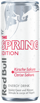 A full chilled can of Red Bull Spring Edition