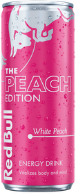 A full chilled can of Red Bull Peach Edition