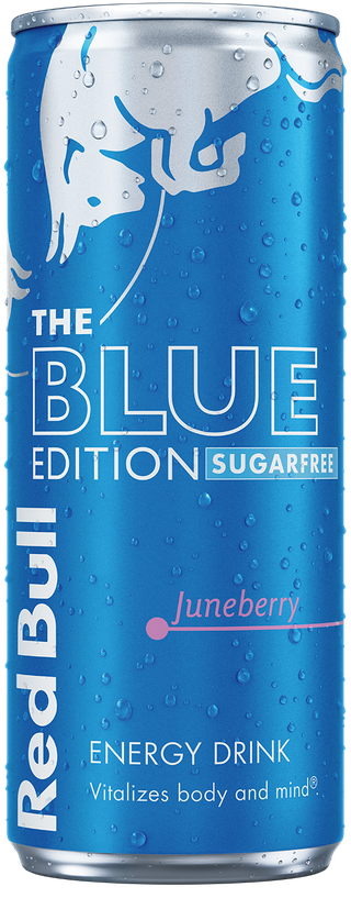 A full chilled can of Red Bull Blue Edition Sugarfree