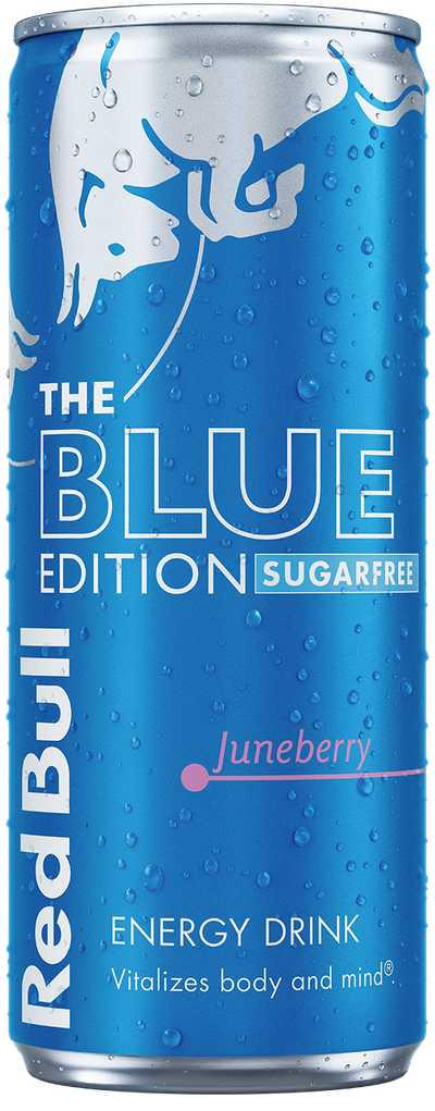 A full chilled can of Red Bull Blue Edition Sugarfree
