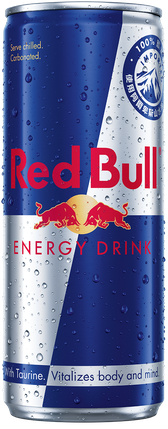 A full chilled can of Red Bull Energy Drink
