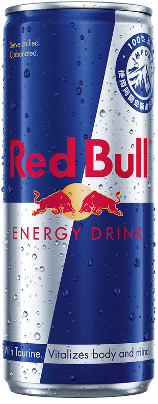 A full chilled can of Red Bull Energy Drink