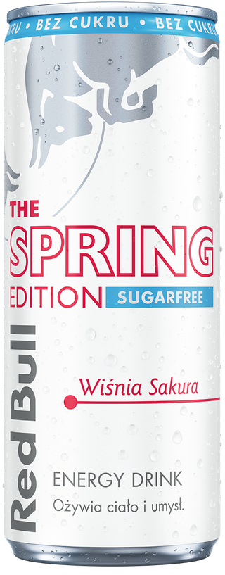 A full chilled can of Red Bull Spring Edition Sugarfree