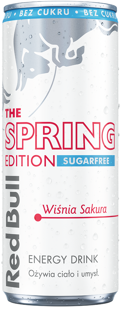 A full chilled can of Red Bull Spring Edition Sugarfree
