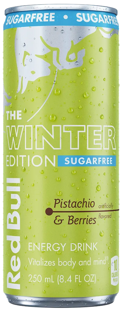 A full chilled can of Red Bull Winter Edition Sugarfree