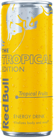 A full chilled can of Red Bull Tropical Edition