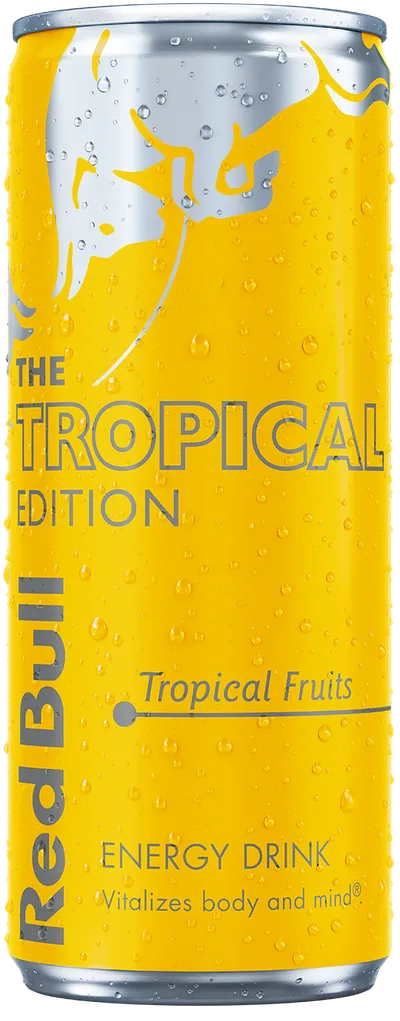 A full chilled can of Red Bull Tropical Edition