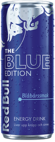 A full chilled can of Red Bull Blue Edition