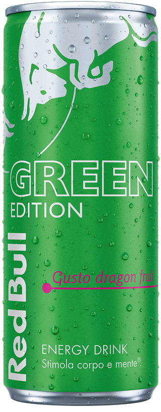 A full chilled can of Red Bull Green Edition