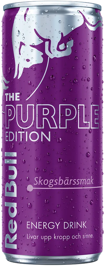 A full chilled can of Red Bull Purple Edition
