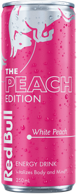 A full chilled can of Red Bull Peach Edition