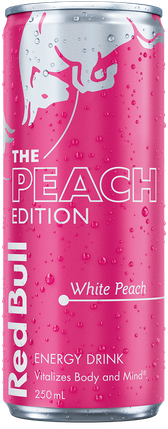 A full chilled can of Red Bull Peach Edition
