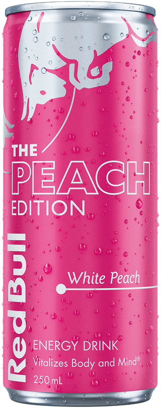 A full chilled can of Red Bull Peach Edition