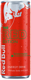 A full chilled can of Red Bull Red Edition