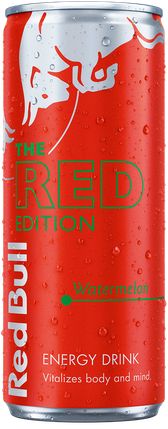 A full chilled can of Red Bull Red Edition