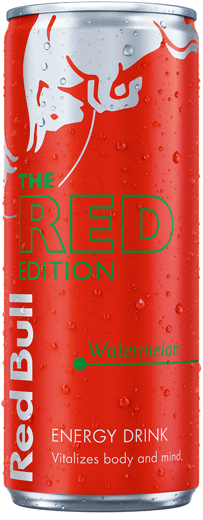 A full chilled can of Red Bull Red Edition
