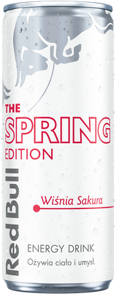 A full chilled can of Red Bull Spring Edition