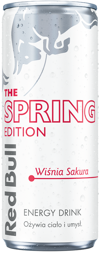 A full chilled can of Red Bull Spring Edition