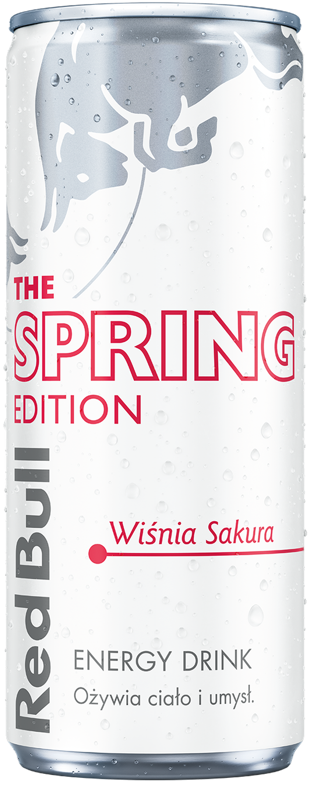 A full chilled can of Red Bull Spring Edition