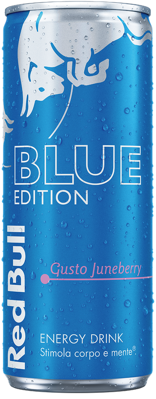 A full chilled can of Red Bull Blue Edition