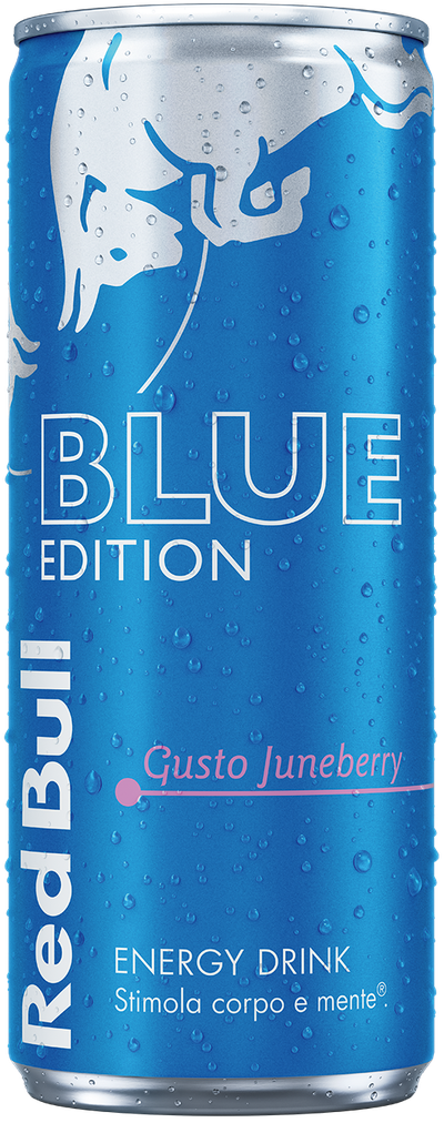 A full chilled can of Red Bull Blue Edition