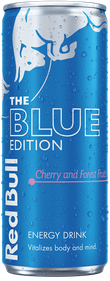 A full chilled can of Red Bull Blue Edition