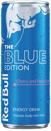 A full chilled can of Red Bull Blue Edition