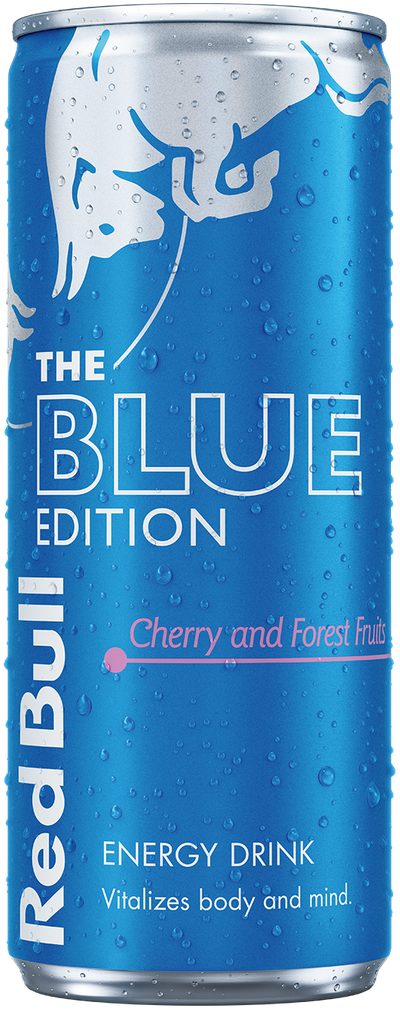 A full chilled can of Red Bull Blue Edition