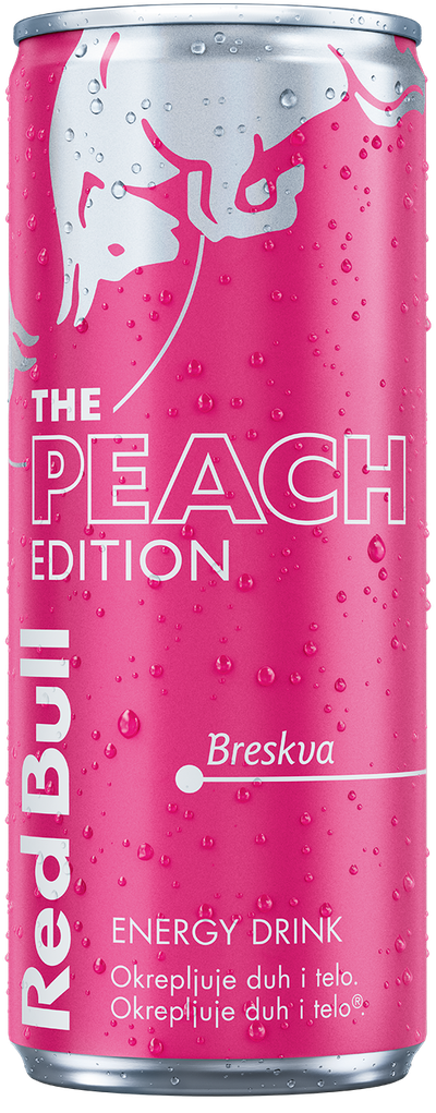 A full chilled can of Red Bull Peach Edition
