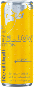 A full chilled can of Red Bull Yellow Edition