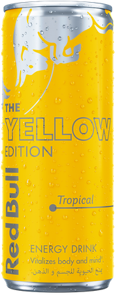 A full chilled can of Red Bull Yellow Edition